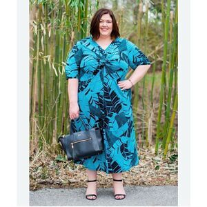 Catherines Women’s Plus Size Palm Twist-Knot Teal and Black Foliage Midi Maxi Dr